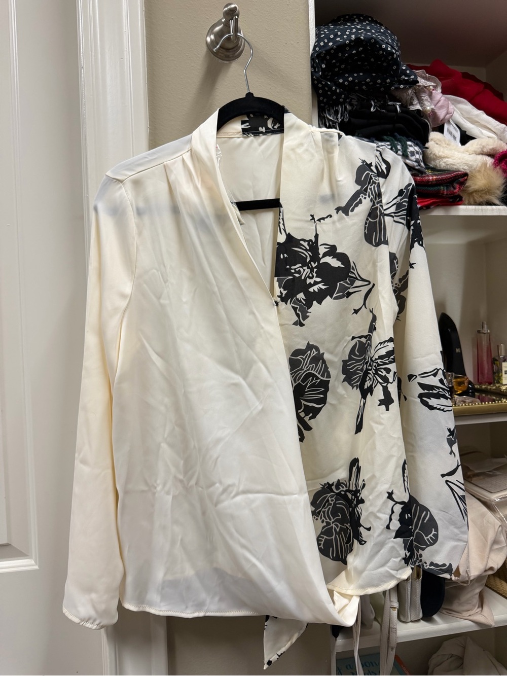 Chi wish Cream and Black Floral Wrap Shirt